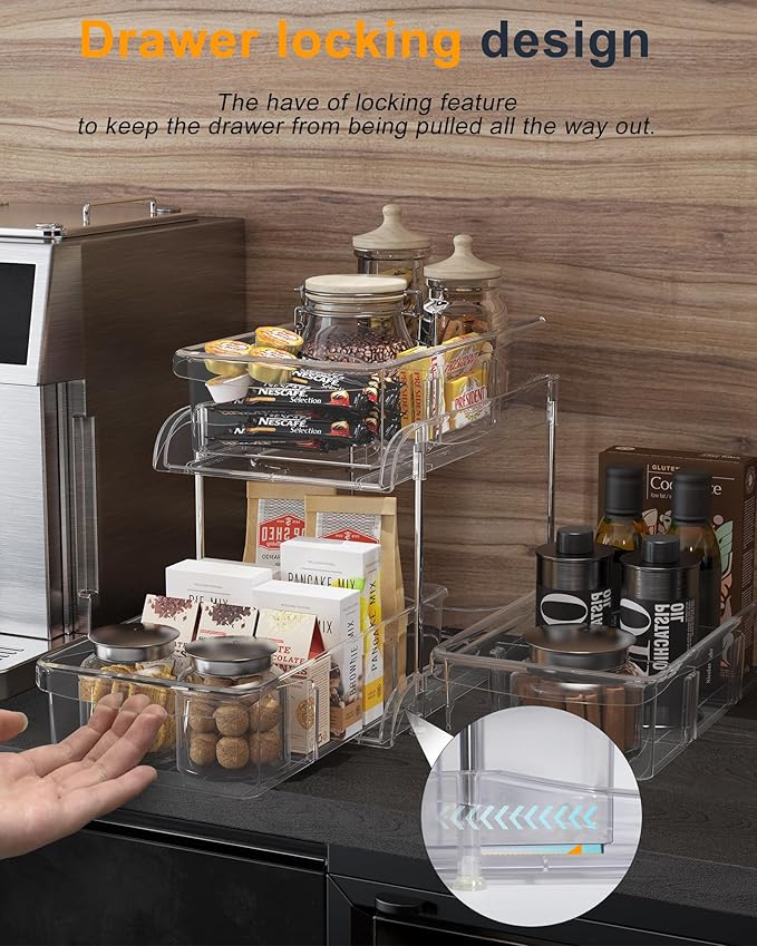 Under Sink Organizer, Bathroom Organizers and Storage, 2 Tier Multi-Use Pull Out Cabinet Organizer with Hang Hooks and Cups (transparent, 2 Pack)