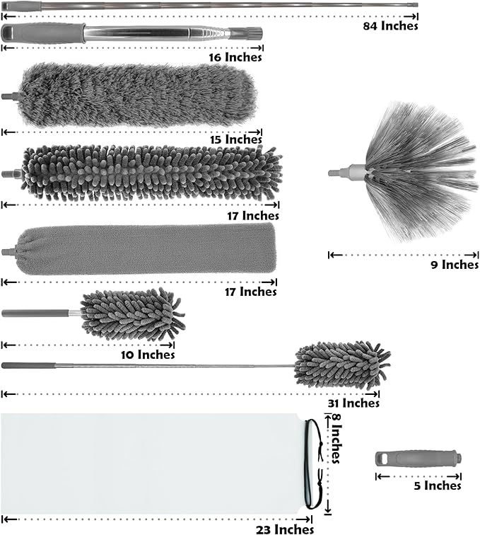 Microfiber Duster with Telescoping Extension Pole(30-100 Inches) Kit, 4 Cleaning Head and 1 Mini-Duster. Reusable, Bendable, Washable Feather Dusters for Cleaning Fans Cobwebs Ceilings Blinds