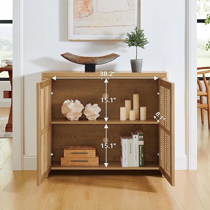 Amposei Mid Century Modern Rattan Sideboard 39.4’’ Small Coffee Bar Console Buffet Cabinet Table for Living Dining Room Entryway Hallway, Natural
