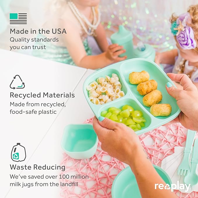 Re-Play Toddler Plates with Dividers - Deep-Walled 3 Compartments Divided Plates for Kids - Dishwasher & Microwave Safe - Made in USA - Set of 4-7.37" x 7.37" x 1.25" - Christmas