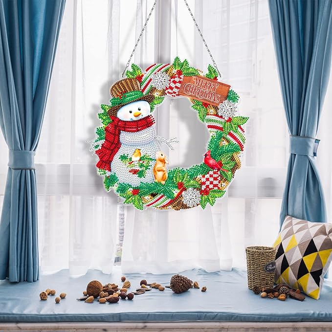 Crystal Painting Snowman Wreath with LED Lights String DIY 5D Diamond Art Painting Christmas Wreaths Hanging Pendant Special Shaped Diamond Gem by Number Stitch Kits for Outdoor Porch Home Wall Decor