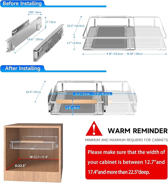 Pull Out Cabinet Organizer, 12.2~17.9"W x 22.5"D Expandable Pull Out Shelves for Kitchen Cabinets, Heavy Duty Metal Slide Out Pantry Shelves Sliding Shelf for Home Kitchen,Under Sink,Wardrobe
