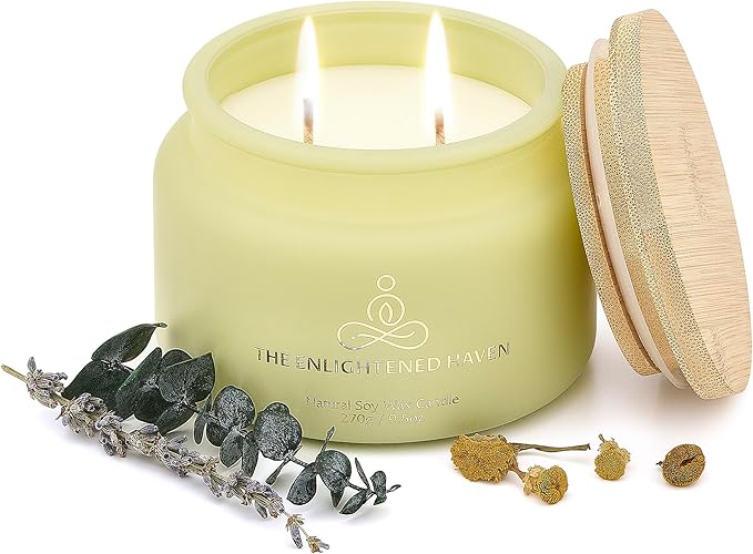 Calming | 2-Wick Scented Candles for Home | Eucalyptus, Lavender, & Camomile | Natural Non Toxic Soy Candles with Essential Oils | 50 H Long Burning | Aromatherapy Candle Jar with Lid - 9.5oz
