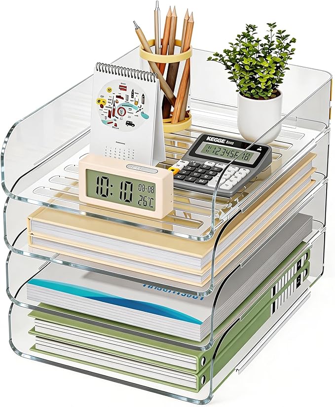 HIYOHIYO Office Acrylic Clear A4 Paper Organizer for Desk, Stackable Office Desk Paper Organizer, Large Capacity Desktop Papers Tray Holder, Organizer for A4 File Folder, 4 Tier Vertical Style