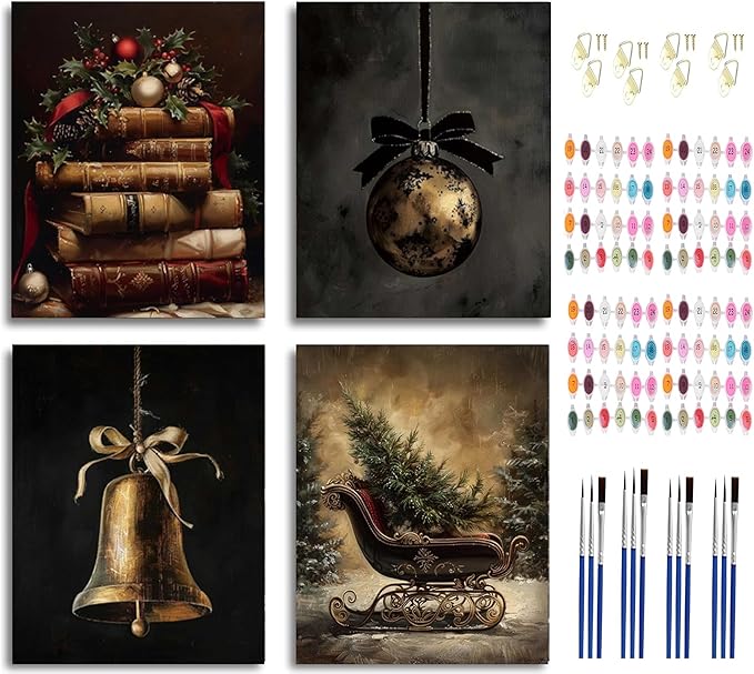 Paint by Number Kit for Adults & Kids, 4 Pack Vintage Christmas Scenes (Ornament, Book Stack, Sleigh, Bell) 12x16 Inch Framed, DIY Acrylic Painting Kit with Brushes & Paints, Festive Home Art Decor