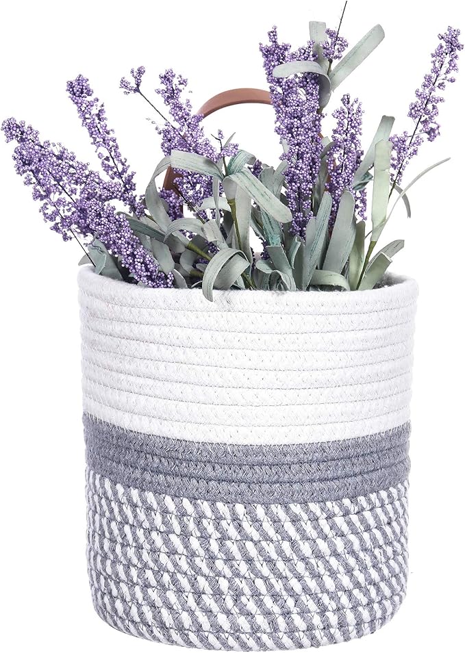 Wall Hanging Basket, Small Woven Hanging Baskets for Organizing, Decorative Wall Basket for Plants and Flowers,Hanging Storage Organizer for Wall Decor,Plant Holder 6.3" x 7" (White & Grey)