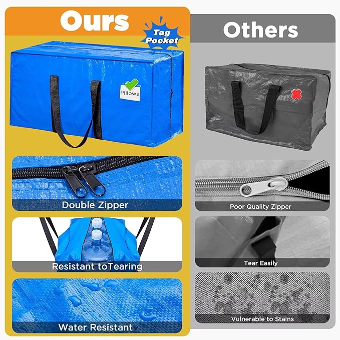 BETU Extra Large Moving Bags Heavy Duty Storage Bags with Zipper Handles, 16 Pack Clothes Storage Totes Bins Packing Moving Boxes, Moving Supplies for College Dorm Essentials, Space Saving, Blue