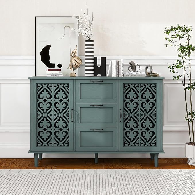 vistavie Green 2 Doors 3 Drawers Buffet Sideboard Cabinet - Accent Cabinet with Adjustable Shelves，47 Inch Wide Wood Storage Cabinets for Dining Room,Living Room and Kitchen