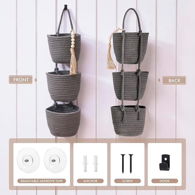 Fabric Wall Hanging Organizers - Small Woven Baskets Pouches Set Boho Style Wall Mounted Bag with Adhesive Hook, Storage Decoration Pocket Caddy for Closet Playroom RV Nursery (Gray & Black)