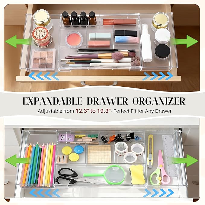 4pack Shallow Expandable Drawer Organizer, Adjustable 12.5”–20” Clear Plastic Drawer Organizer Tray for Vanity Bathroom Desk Kitchen Drawers, Multi Compartment Storage