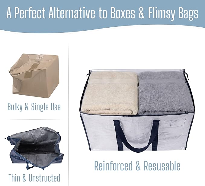 VENO 2 Pack Heavy Duty Moving Bags, Extra Large Storage Bags with Reinforced Handles & Strong Zippers, Foldable & Reusable Moving Box Alternative for Clothes & Dorm Storage