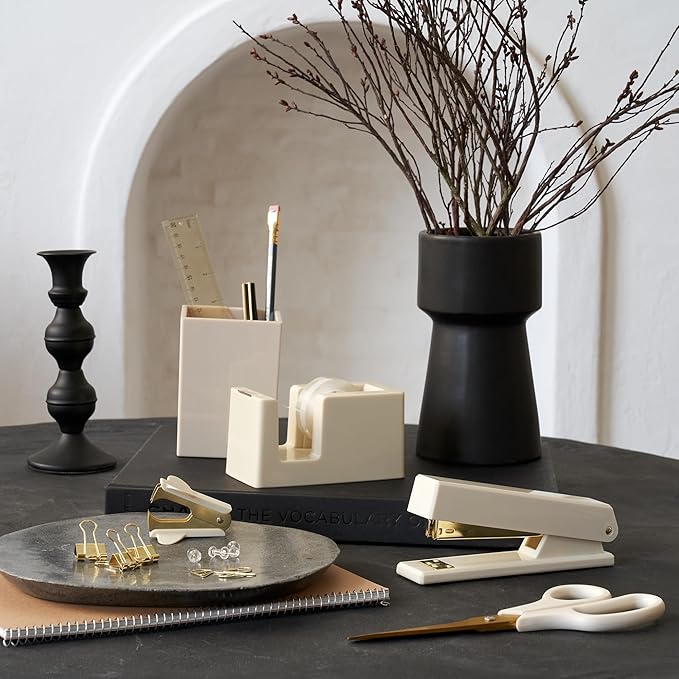 Aesthetic Desk Accessories Set - A Complete Desktop Organizer Set For Women Enhances Any Office Decor - An Office Supplies Kit w Gold Finish incl. Pen Holder, Scissors, Stapler, Tape Dispenser & More