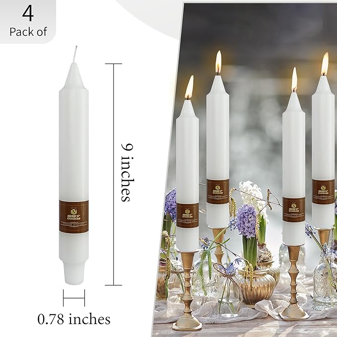 White Taper Candles 9 inch - 4 Pack Fat Candle Taper Candles Dripless, Smokeless, Unscented Tall Candlesticks - Perfect for Home Decor, Weddings, and Special Occasions