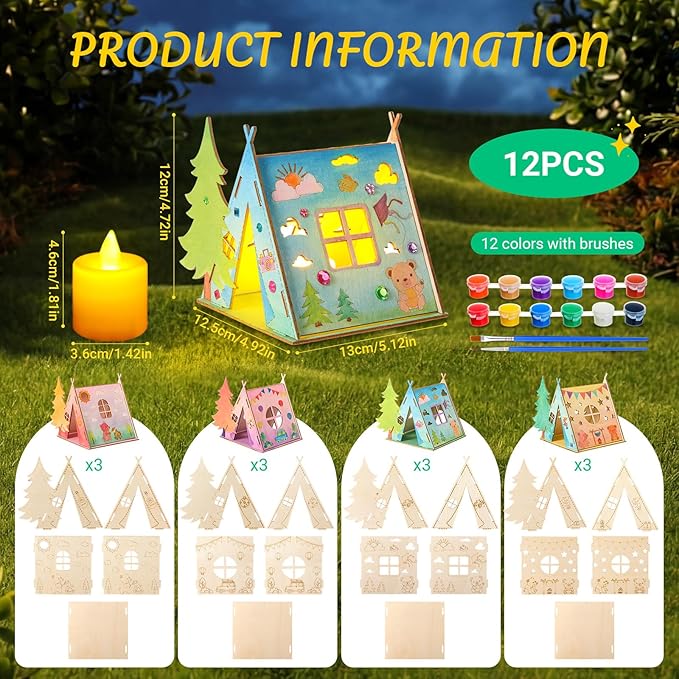 DoubleFill 12 Sets Camping Crafts Paint Camping Wood Tent with Flameless LED Candles and Acrylic Paint Kits for Crafts DIY Picture Frame Gifts Bulk Kids Summer Camp Party Favor for Home Vbs Sunday