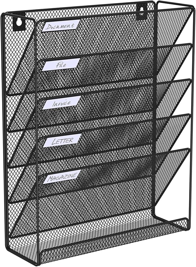 BOHDK Hanging Folder Organizer Mesh 6 Tier, Wall File Organizer Hanging Paper Organizer, Wall Mount Mail Storage, Office Organization and Storage Rack for Home Office, Black