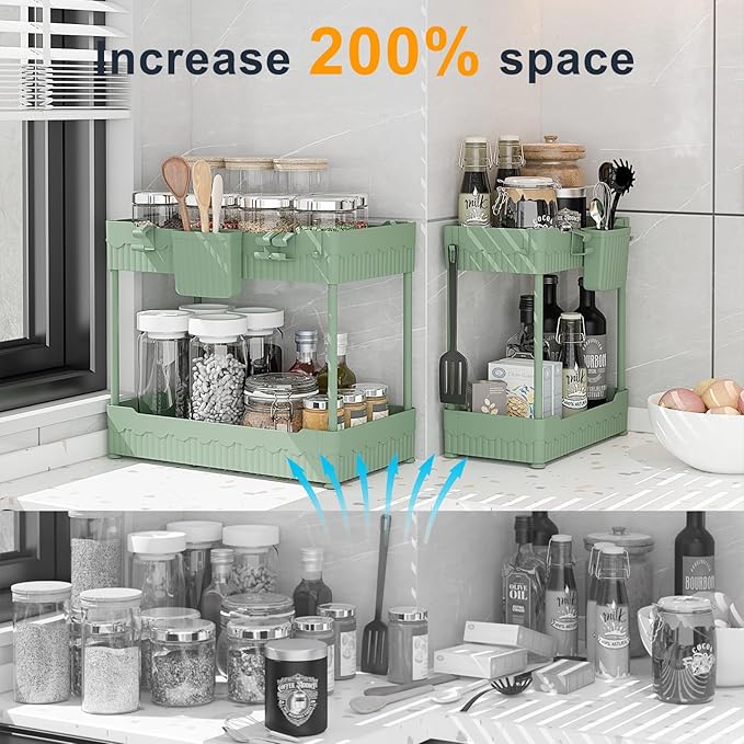 2 Pack Under Sink Organizer, Under Bathroom Cabinet Organizer with Hooks Hanging Cup, Multi-Purpose Storage Shelf for Kitchen Bathroom (Green, 12.8 Inch)