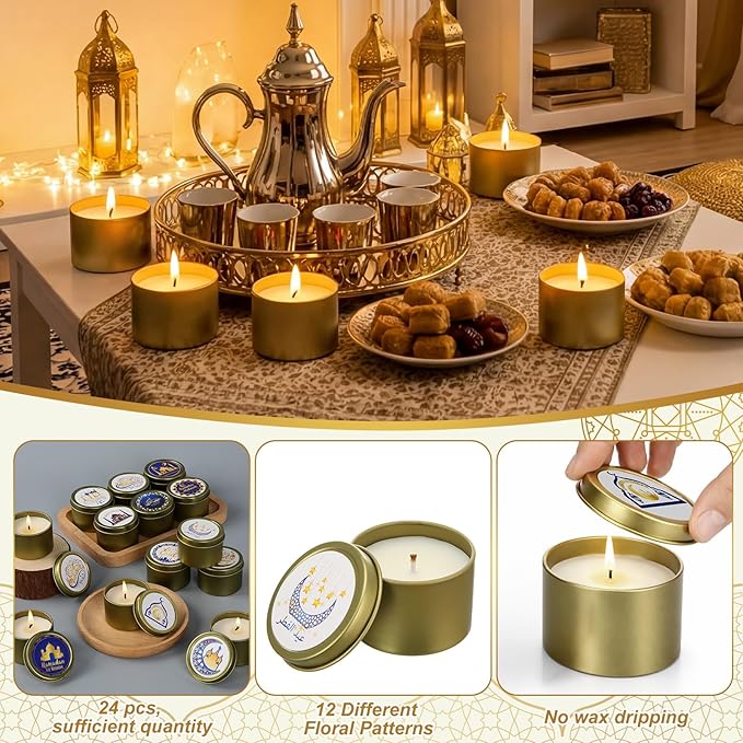 Nuanchu 24 Pack Eid Mubarak Scented Candles Gift 2 oz Blue Gold Star and Moon Design Ramadan Aromatherapy Soy Wax Jars Lasting Bulk Favors for Home Islamic Holiday Party Decor