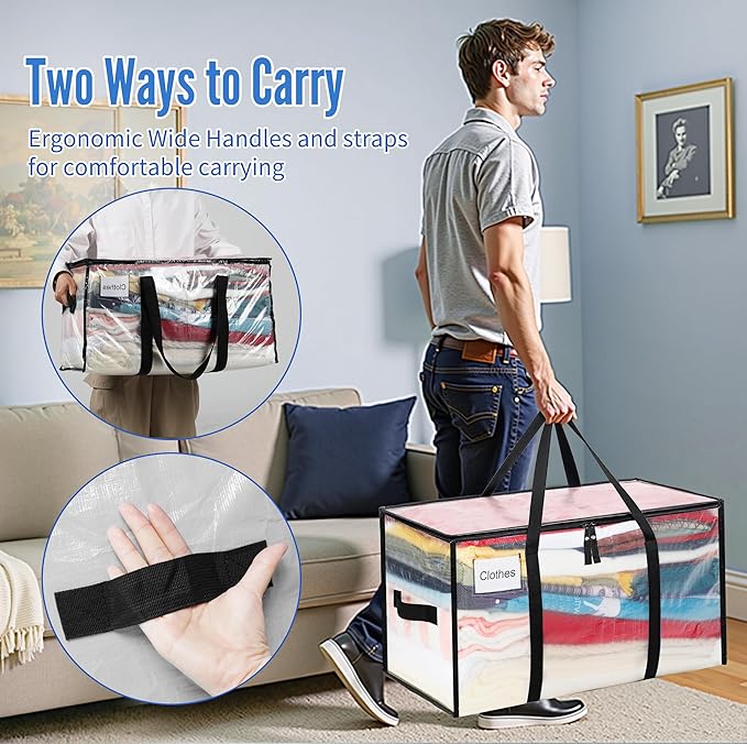 BAGAIL Heavy Duty Moving Bags with Strong Handle, Extra Large Moving Boxes, Storage Tote for Clothes, College Moving Supplies(Clear, 2 Pack)