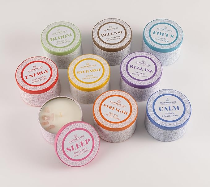 Luxury Candle Tin, 4 OZ, Focus - Fluorite Crystal Infused - Scents of Orange, Ginger, Ylang-ylang, & Lavender - Awareness, Mental Order, & Clarity - Coconut Wax Blend, Essential Oils