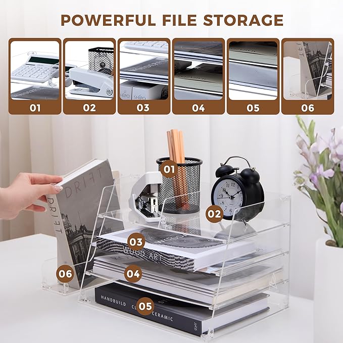 Acrylic Desk Organizer - 4-Tier Tray with Vertical File Holder for Books, Stationary, Letter, Magazines, Documents, and File Organizer - Durable Space Saving Storage, For Home and Office