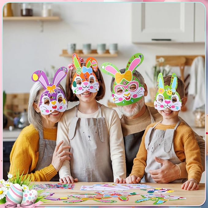 Funrous 48 Sets Easter Crafts Kit Easter Bunny Mask Paper Crafts Bulk DIY Make Your Own Rabbit Face Mask Activity Arts with Foam and Diamond Stickers Spring Classroom Gifts Project Party Favors
