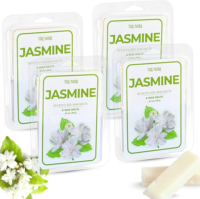 TRUMIRI Jasmine Scented Wax Melts - Made with Non Toxic Soy Wax and Essential Oils - Bulk Pack of 4 Total 32 Wax Melts - Long Lasting Strong Scent Pet Safe Floral Candle Wax Cubes Tarts for Warmers