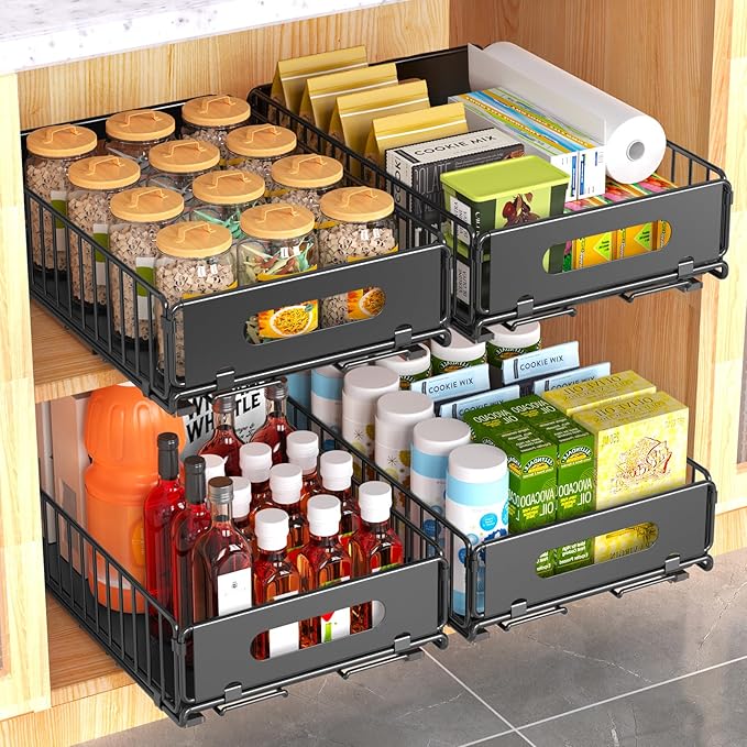 Pull Out Cabinet Organizer, 4 Pack Heavy Duty Slide Out Drawers Pantry Shelves Fixed With Strong Adhesive Glue and Handle for Kitchen, Living Room, Bathroom, Home (14.8" D X 9.6" W X 3.9" H)