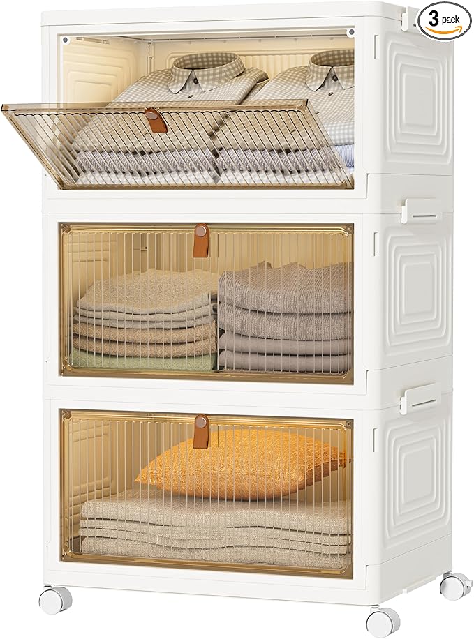 Closet Organizers and Storage 23Qt 3 Pack Stackable Storage Bins with 1 Lid Closet Organizer Boxes for Clothes Foldable Storage Box for Clothes/Office Supplies/Snacks (23Qt X 3)