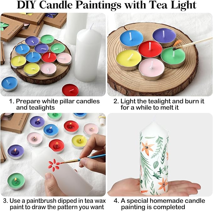 MTLEE 72 Pcs DIY Candle Painting Kit Include 6 Pcs 2"x 4" White Pillar Candles 60 Colored Tealight Candles and 6 Paint Brushes for Birthday Wedding Tea Party Crafts Centerpieces
