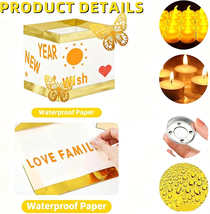 12PCS Gold+White LED Outdoor Floating Candle Lantern Kit - DIY Tangled Paper Lantern Pattern, Waterproof Wishing Lanterns for Garden, Patio, Hallowee & Christmas,Wedding Pool Decoratio