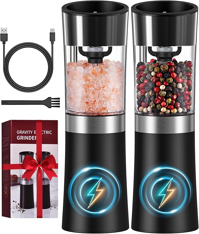 Gravity Electric Salt and Pepper Grinder Set, USB-C Rechargeable Salt and Pepper Mill with 100ml Larger Capacity, White Light, One Hand Automatic Operation, Black, 2Pack