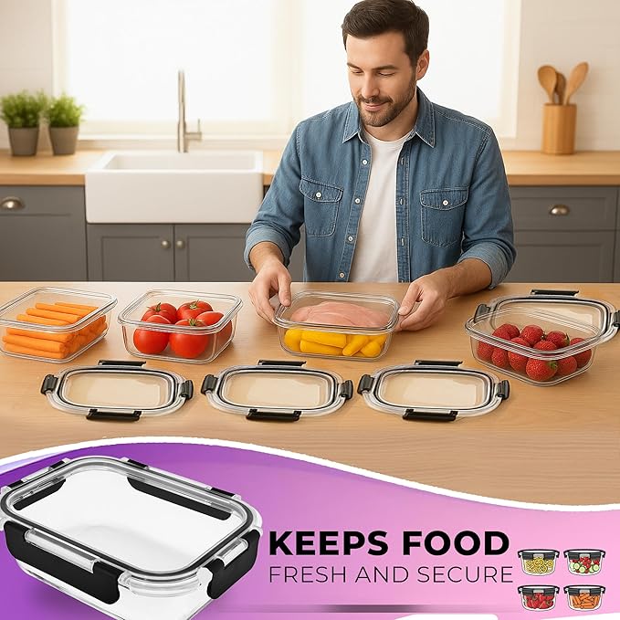 Glass Food Storage Containers Bowls with Airtight Snap Locking Lids for Meal Prep Leftovers Baking Lunch Boxes Dish (Black, 21oz Rectangle 4 Pack)
