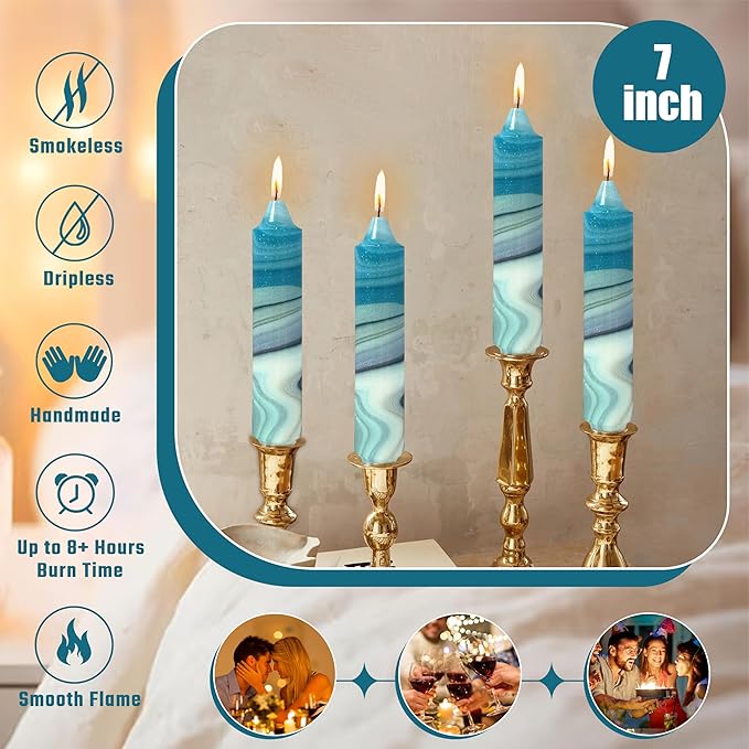 7 inch Short Candle Blue Quicksand Print Candle 4 Pack Handmade Unscented Taper Candles Printed Candlestick Smokeless Tapered Candles for Home Dinner Wedding Holiday
