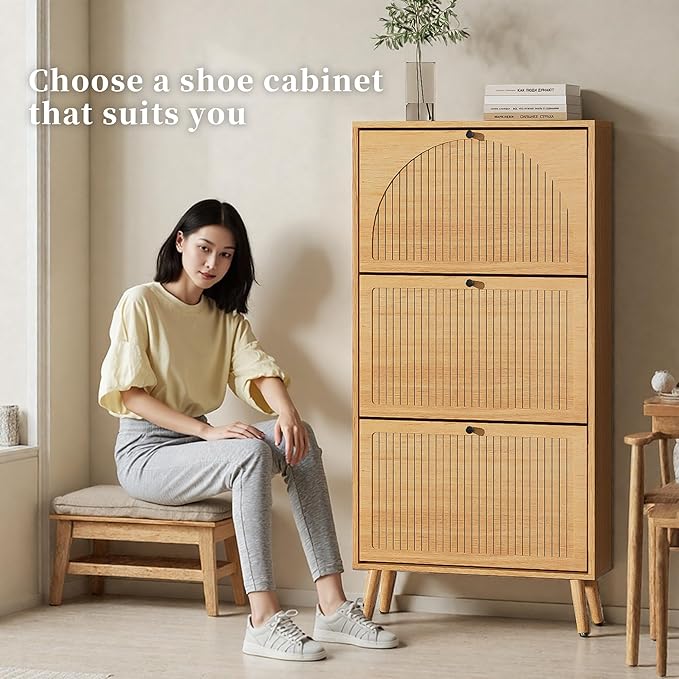 Fsbecl Shoe Storage Cabinet for Entryway with 3 Flip Drawers, Narrow Shoe Organizer with Fluted Panel, Freestanding Wood Hidden Shoe Cabinet for Hallway (Wood Color, 23.6''W, Single Layer)