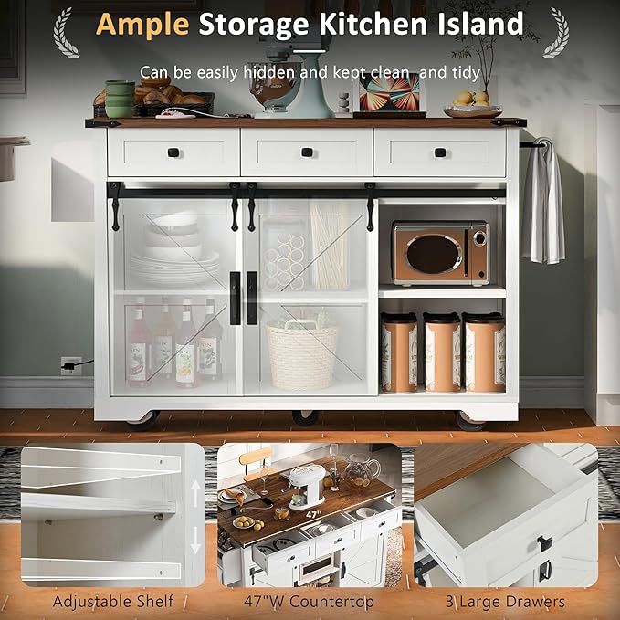 Amposei Farmhouse Kitchen Island on Wheels with Drop Leaf & Power Outlet, 53.7-Inch Rolling Storage Island Cart with Drawers, Sliding Barn Door Cabinets, Spice Rack (Retro White)