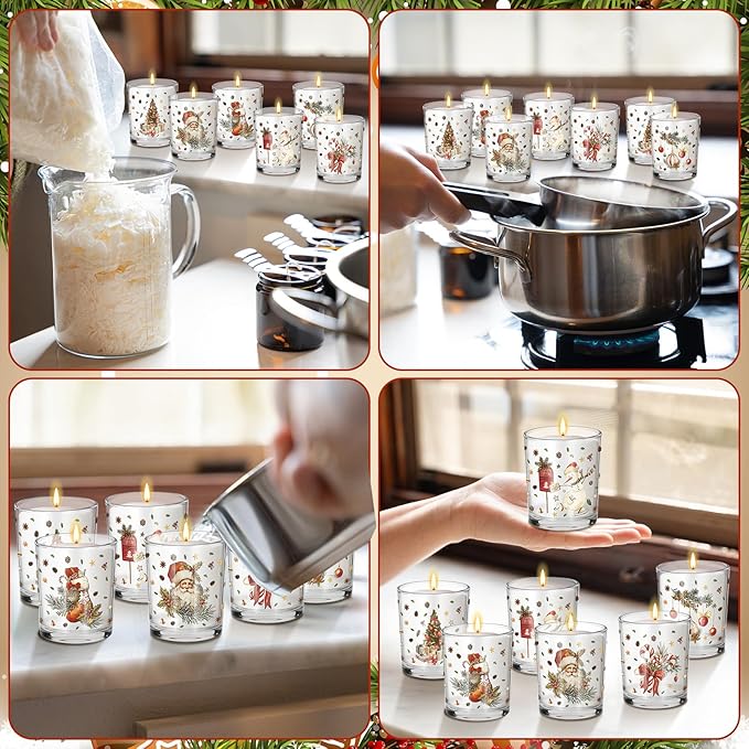 Ziliny 12 Pack 7 oz Christmas Glass Candle Jar with Wood Lids Xmas Retro Thick Empty Jars for Making Candles Small Holiday Container Bulk for Gifts Making DIY Party Supplies Accessories