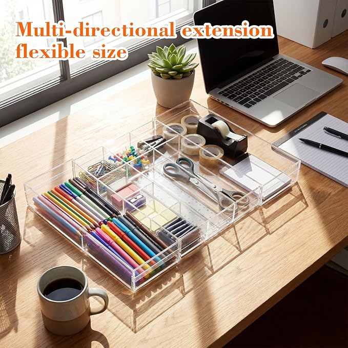 Briwooody 1 Pcs Acrylic Desk Drawer Organizer 9'' up to 16'' x 12'' x 2.2'' Expandable Drawer Organizer Trays with 10 Adjustable Compartments Clear Desk Accessories for Makeup Office Bathroom