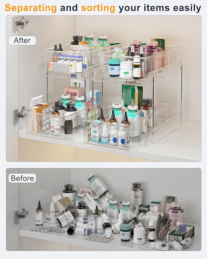 Under Sink Organizer, Bathroom Organizers and Storage, 2 Tier Multi-Use Pull Out Cabinet Organizer with Hang Hooks and Cups (transparent, 2 Pack)