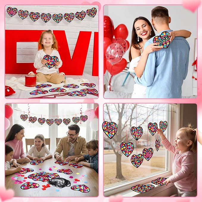 Tinlade 48 Set Valentine's Day Suncatchers Crafts Kit Valentines Heart DIY Window Stained Glass Tissue Paper Red Love Hanging Ornaments Make Your Own Suncatcher Summer Home School Classroom Activities