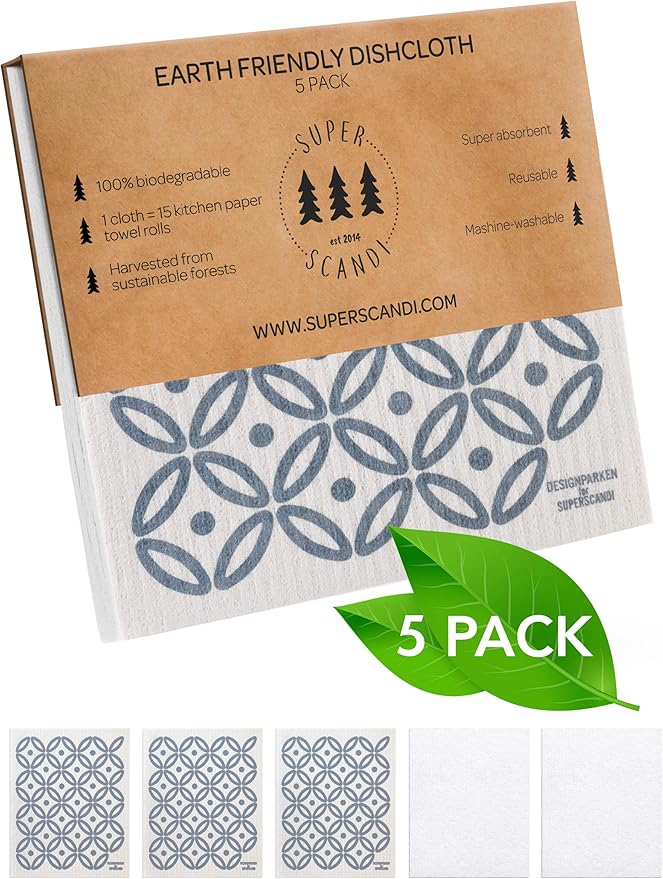 SUPERSCANDI 5 Pack Swedish Dishcloths for Kitchen - 100% Biodegradable & Compostable Reusable Paper Towels Washable, Food-Safe & Without Plastic - Dish Rags Suitable for Any Surface, Artdeco Blue