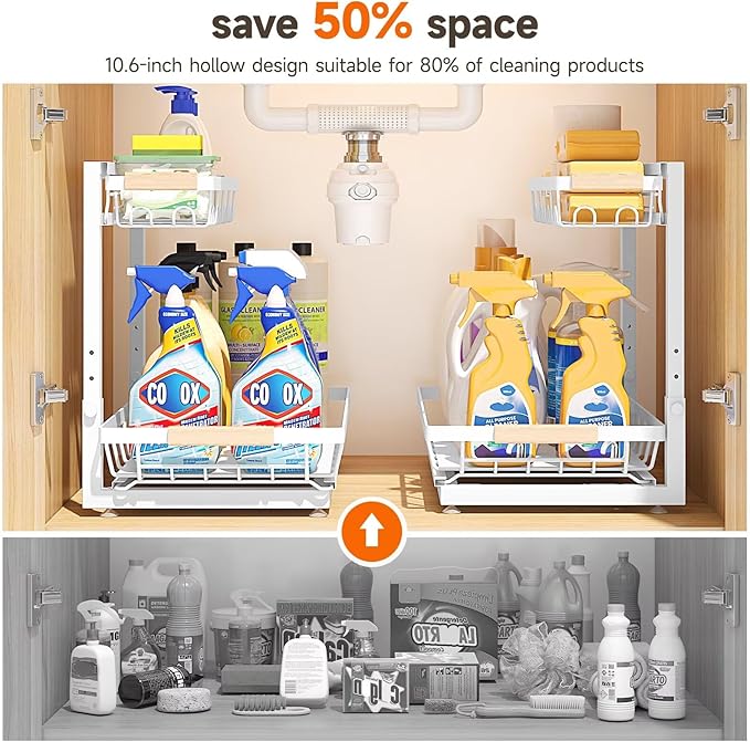2 Packs Under Sink Organizer, Height Adjustable 2 Tier Under Kitchen Sink Organizer, Multi-Purpose Storage Shelf for Kitchen Bathroom Cabinet (White, Extra Large)