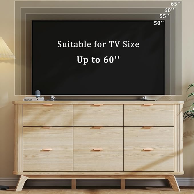 HUAHUU Fluted 9 Drawers Dresser, 60" Mid Century Modern & Chests of Drawers, Curved Profile Design, Dresser TV Stand, for Entryway, Hallway, Bedroom, Oak