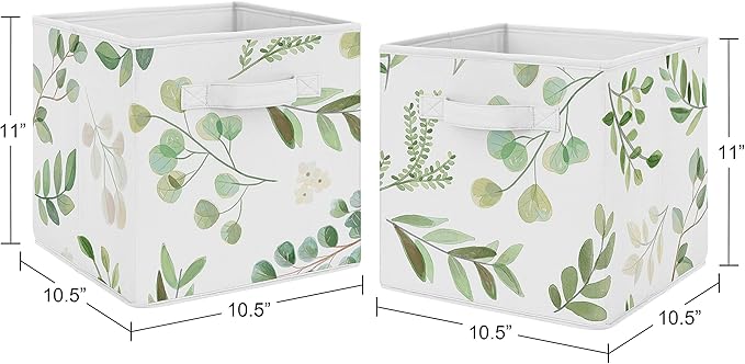 Sweet Jojo Designs Floral Leaf Foldable Fabric Storage Cube Bins Boxes Organizer Toys Kids Baby Childrens - Set of 2 - Green and White Boho Watercolor Botanical Woodland Tropical Garden