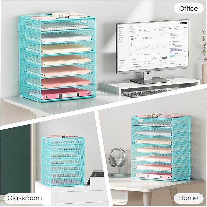 Lavatino 8-Tier Office Desk File Organizer, Letter Tray Paper Organizer with Handle, Including 5 Adjustable Slide Trays for Organizing Desktop Workspace Accessories and Supplies (Blue Metal Mesh)