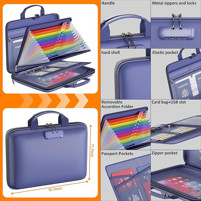 Fireproof File Organizer with Lock, Hard Case Fireproof Document Box with 13 Colorful Pockets Accordion File Folder, Important Document Organizer for Letter A4 Files Laptop Passports (Blue)