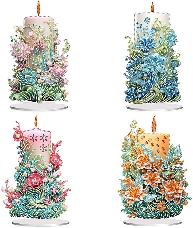 5D Diamond Art Candle Ornaments Kits, DIY Christmas Flower Candle Diamond Art Painting Desktop Ornament, Special Shaped Crystal Diamond Art Painting Tabletop Home Office Decor-4PCS-C