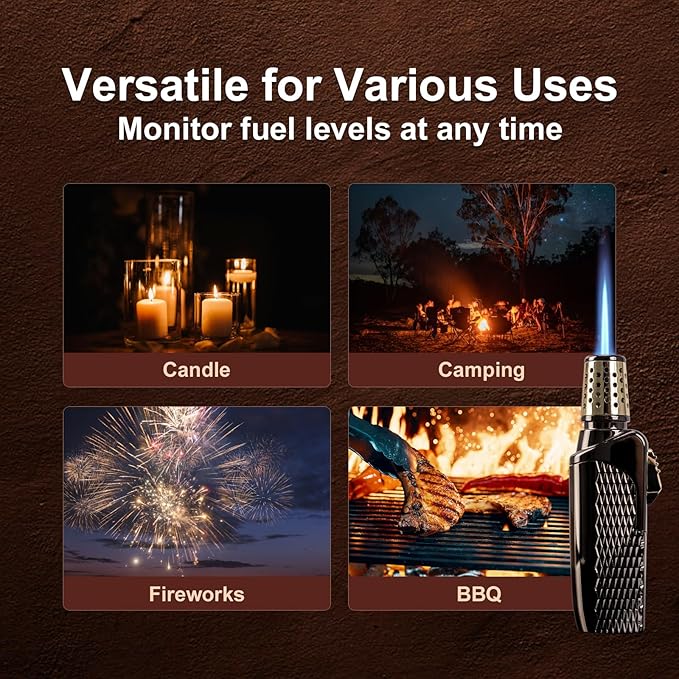 Butane Torch Lighter,Windproof Adjustable Jet Flame with Visible Gas Tank Lighter, Refillable Torch for Candle,BBQ,Camping,Gift for Men(No Butane Included)