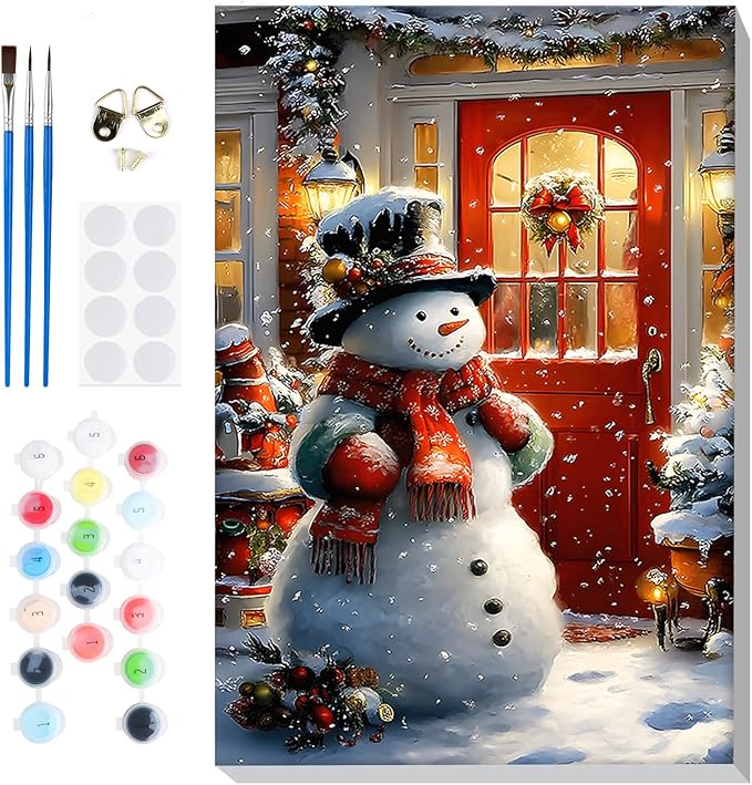 Bowetile Christmas Paint by Numbers for Adults Beginners Framed, Adults' Paint-by-Number Snowman Kits on Canvas, Acrylic Number Painting Christmas Gifts for Home Decor, 8x12in