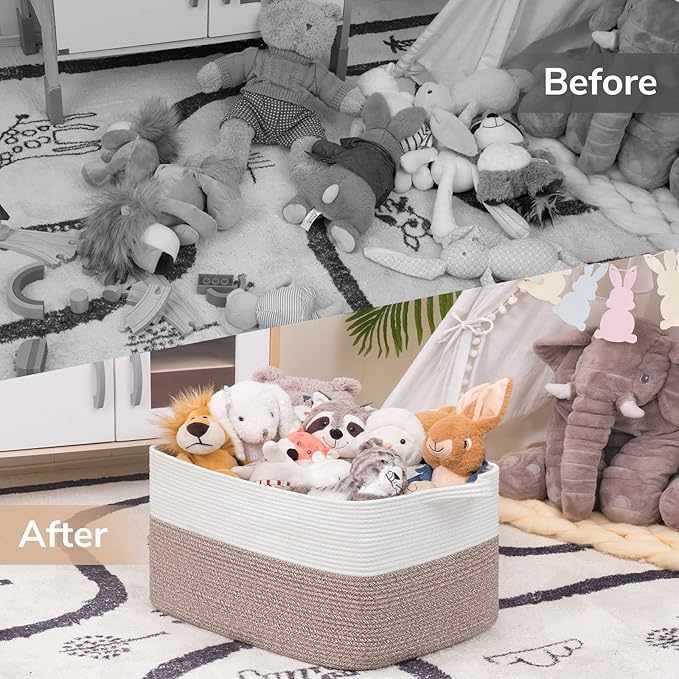 Goodpick Large Blanket Basket 22" x 17" x 12" Woven Storage Baskets for Organizing, Rectangle Cotton Rope Basket for Living Room Bedroom, Toy Baskets Storage Kids, White & Brown