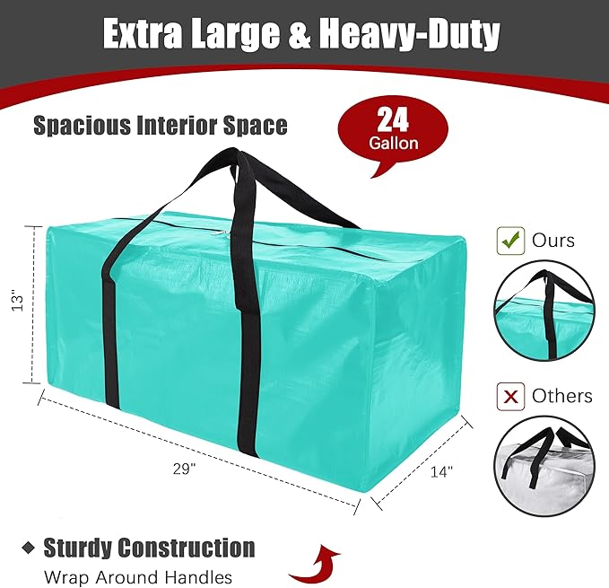 PANDA JOYS 12 Pack Extra Large Moving Bags with Zippers & Carrying Handles, Heavy-Duty Storage Tote for Space Saving Moving Storage, Fold Flat, Alternative to Box and Bin,Aquamarine